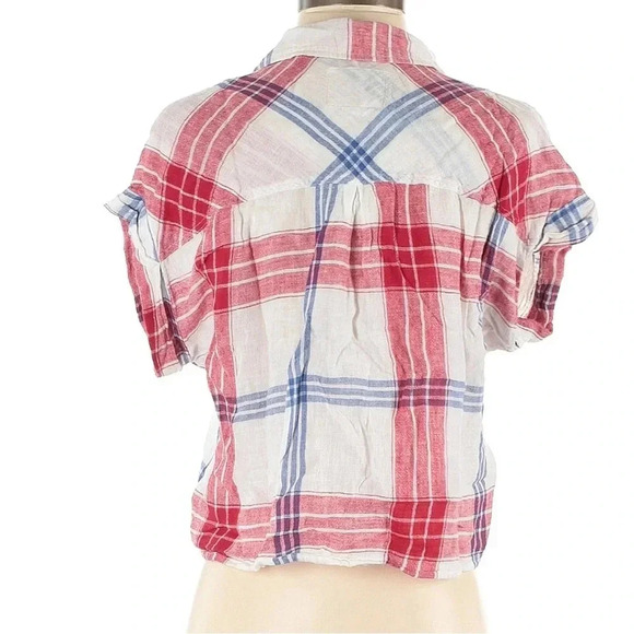 Rails Amelie Linen Plaid Tie Front Crop Button Down Top Red White Blue Size XS - Picture 4 of 6